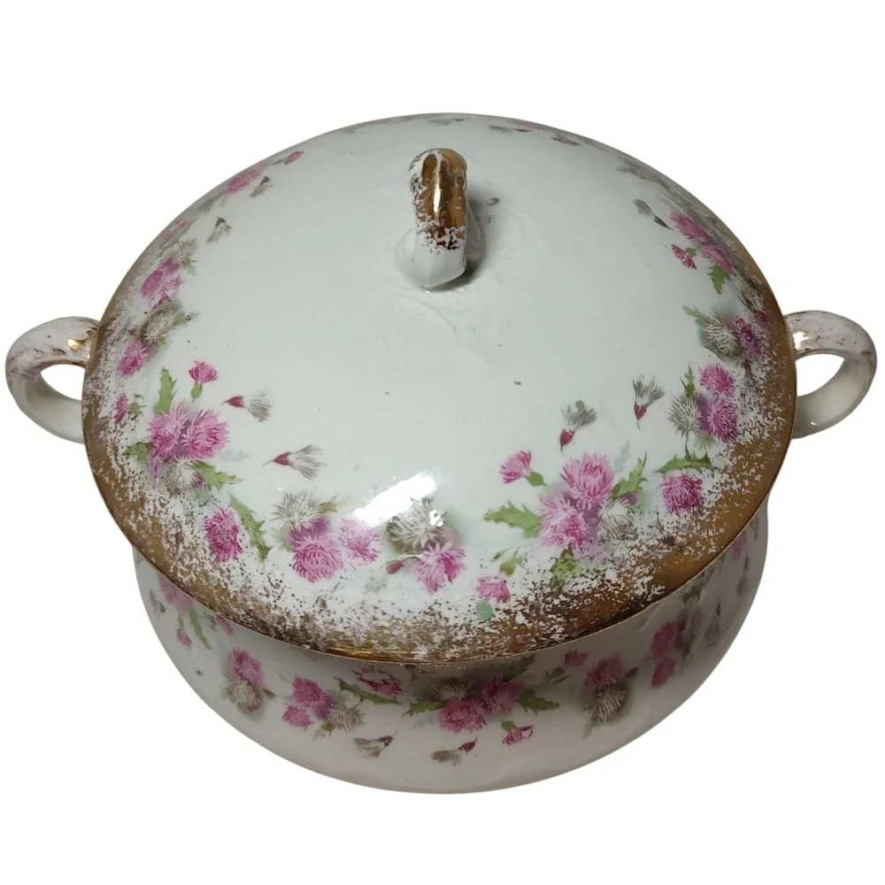 Antique MS‎ Floral Lidded Serving Dish Round Floral Gold Trim Semi Porcelain SEE